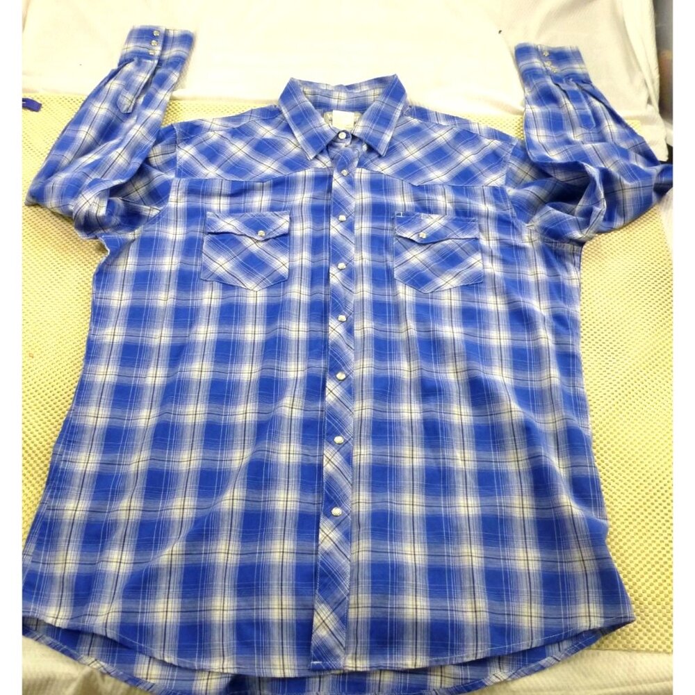 Wrangler Mens Blue Plaid Long Sleeve Western Shirt Pearl Snaps Size XLT Cotton B